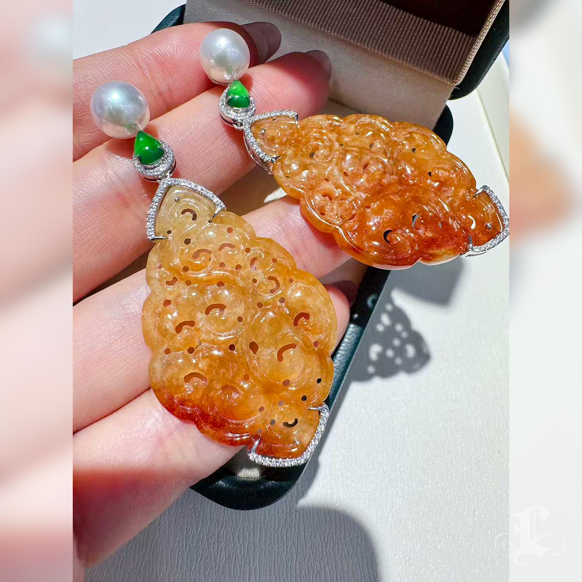 【Jādora】Pendientes de perlas de jadeíta amarilla tipo A de brillo imperial en Nuevo estado para la venta en New York, NY