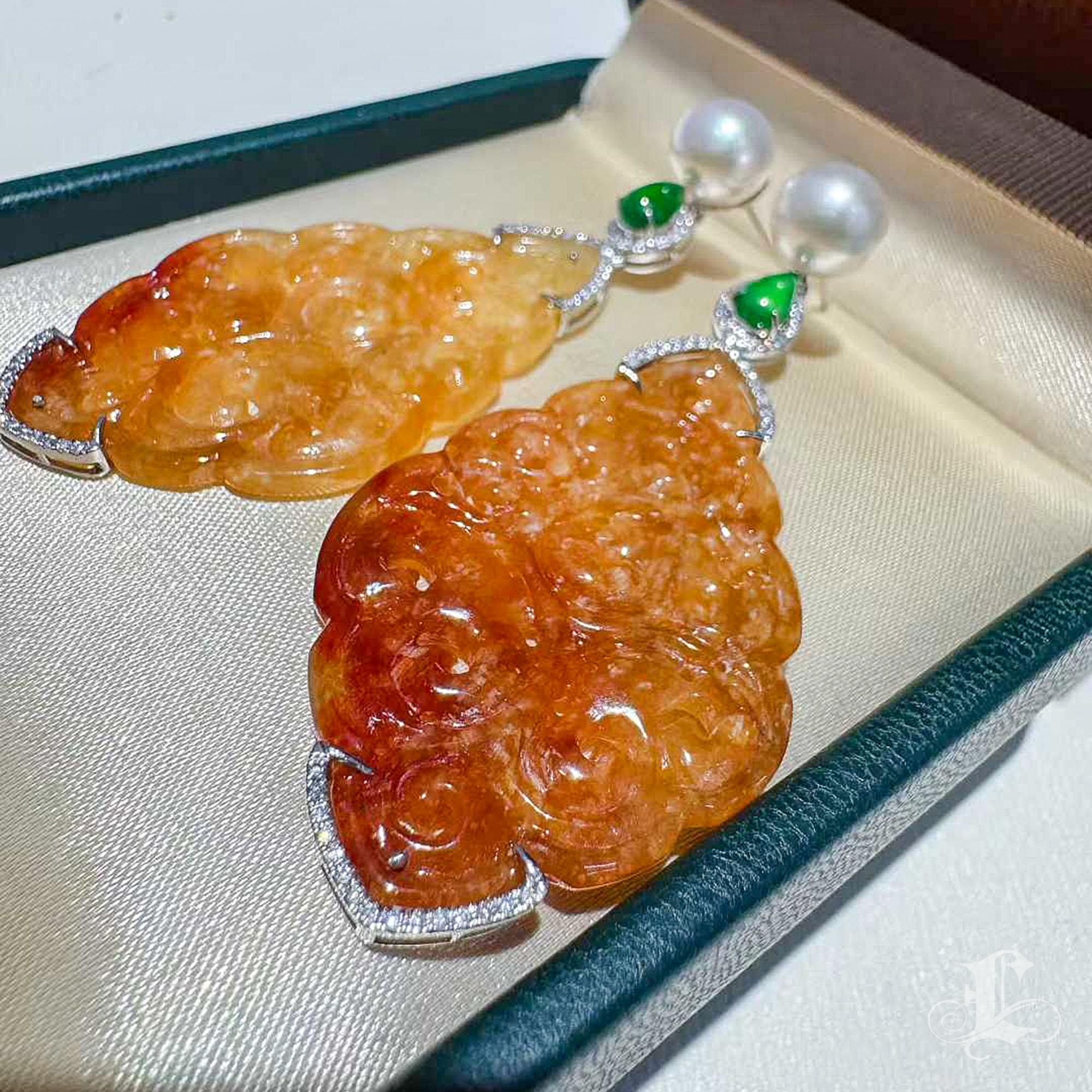 De las mujeres 【Jādora】Pendientes de perlas de jadeíta amarilla tipo A de brillo imperial en venta