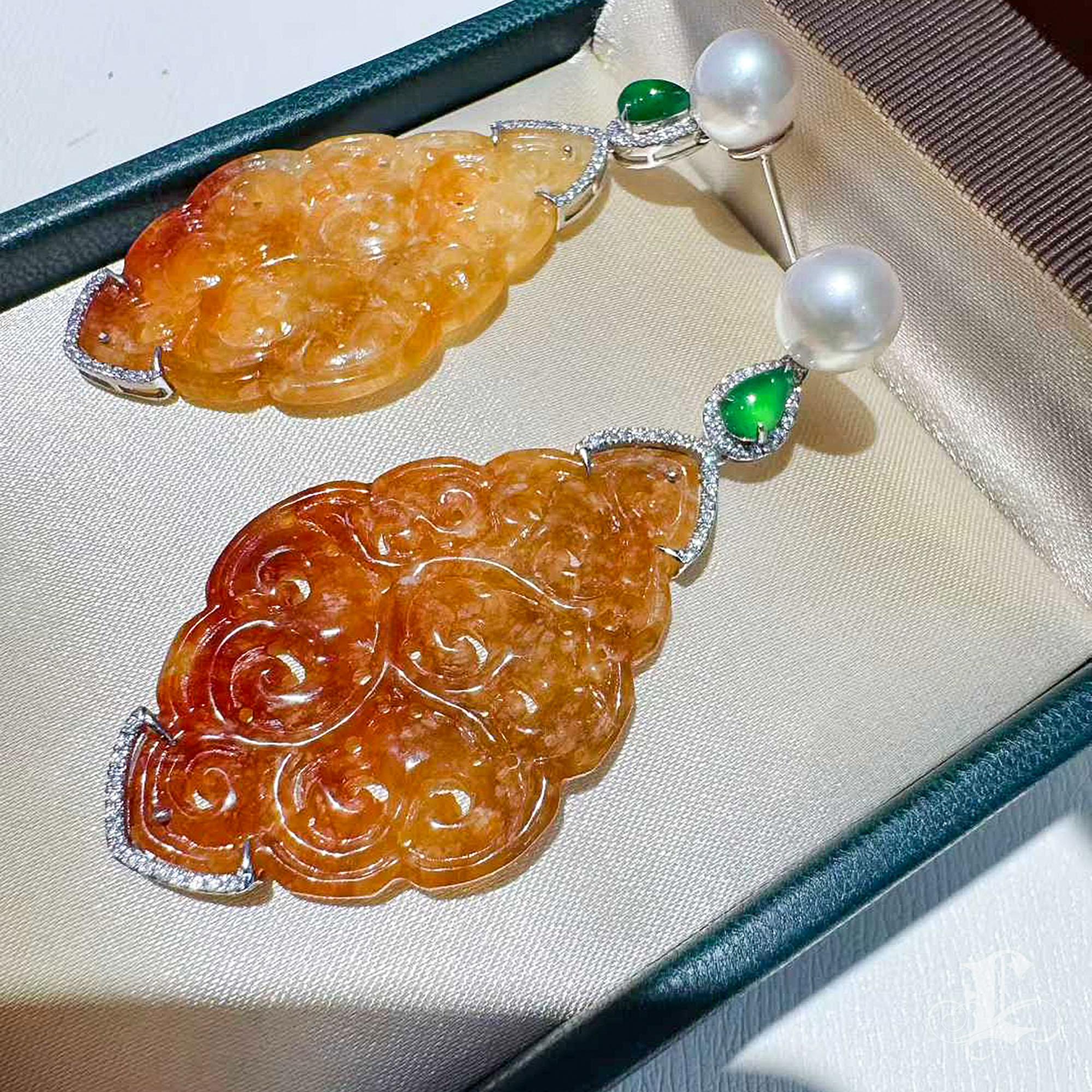 【Jādora】Pendientes de perlas de jadeíta amarilla tipo A de brillo imperial en venta 1