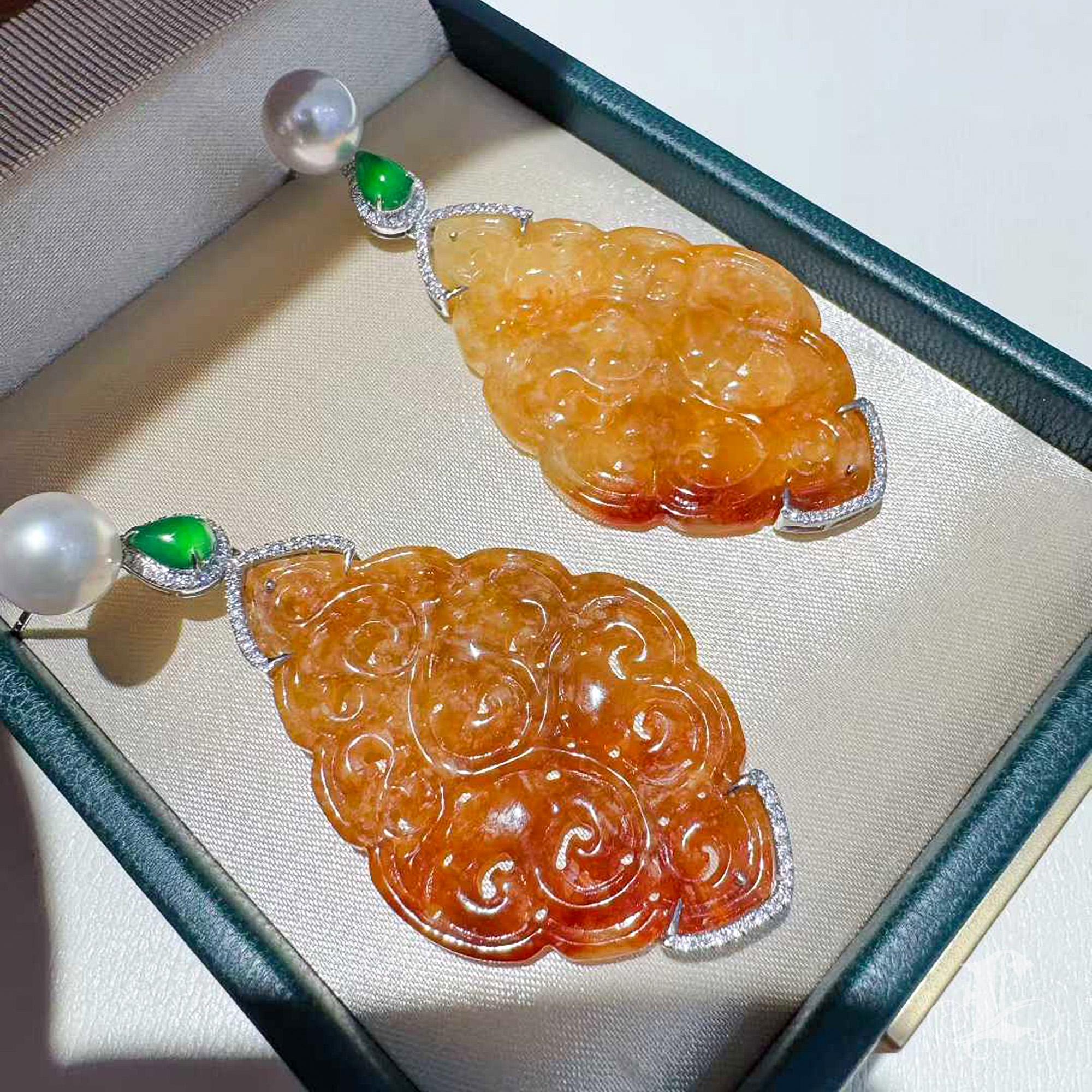 【Jādora】Pendientes de perlas de jadeíta amarilla tipo A de brillo imperial en venta 2