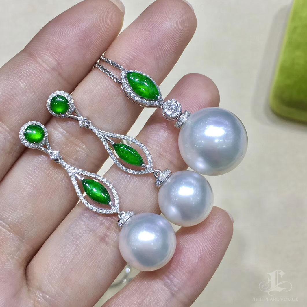 【Jādora】Conjunto de pendientes y colgante de jadeíta imperial y perlas de los mares del sur en venta 5