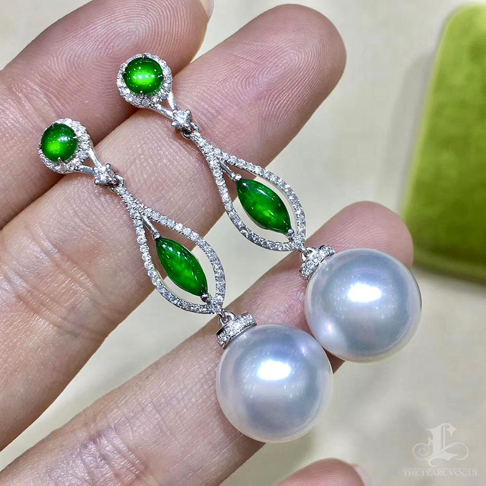 【Jādora】Conjunto de pendientes y colgante de jadeíta imperial y perlas de los mares del sur en Nuevo estado para la venta en New York, NY