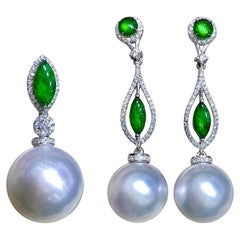 【Jādora】Imperial Jadeite & South Sea Pearl Drop Earrings and Pendant Set