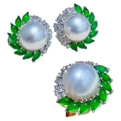 【Jādora】Imperial Leaf Halo Jadeite & South Sea Pearl Earrings and Ring Set