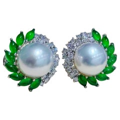 【Jādora】Imperial Leaf Halo Jadeite & South Sea Pearl Earrings