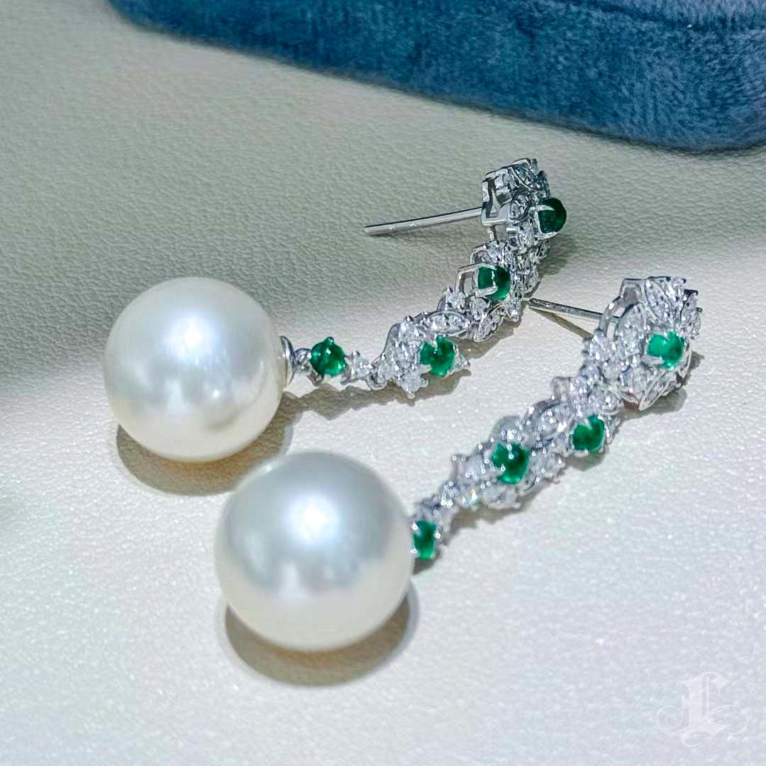 【Jādora】Imperial Vine Südsee Perle, Smaragd & Diamant Ohrringe im Angebot 3