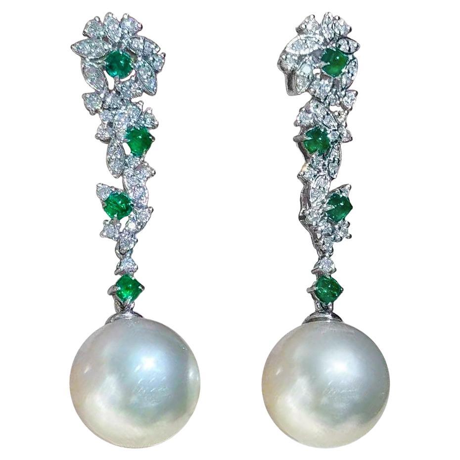 【Jādora】Imperial Vine South Sea Pearl, Emerald & Diamond Earrings