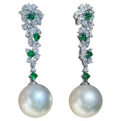 【Jādora】Imperial Vine South Sea Pearl, Emerald & Diamond Earrings