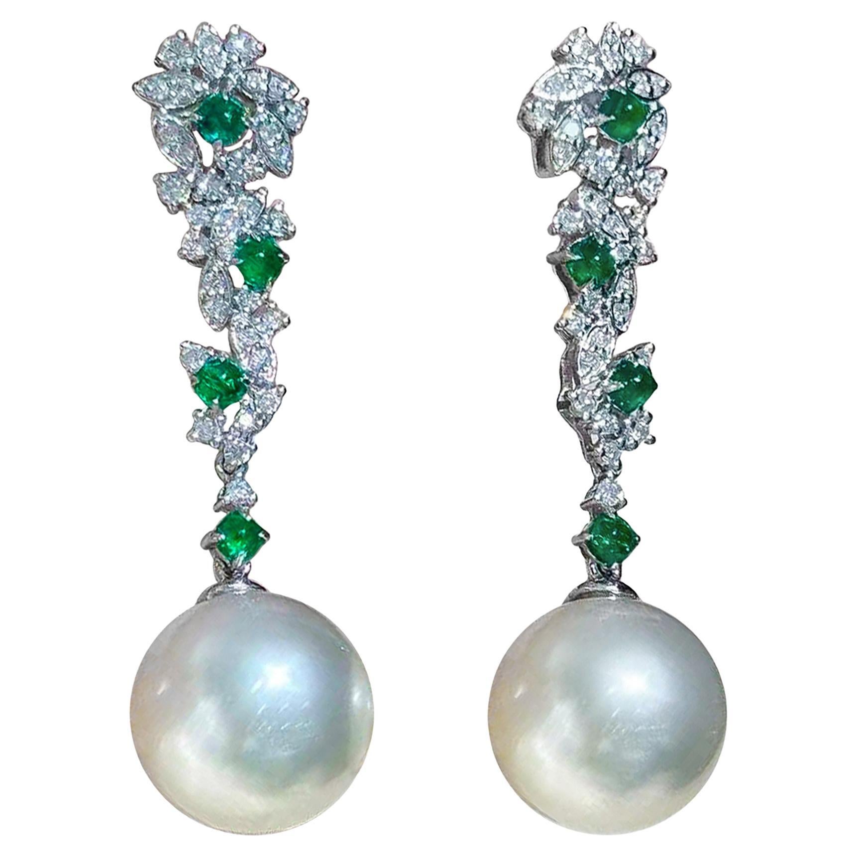 【Jādora】Imperial Vine South Sea Pearl, Emerald & Diamond Earrings