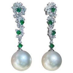 【Jādora】Imperial Vine South Sea Pearl, Emerald & Diamond Earrings