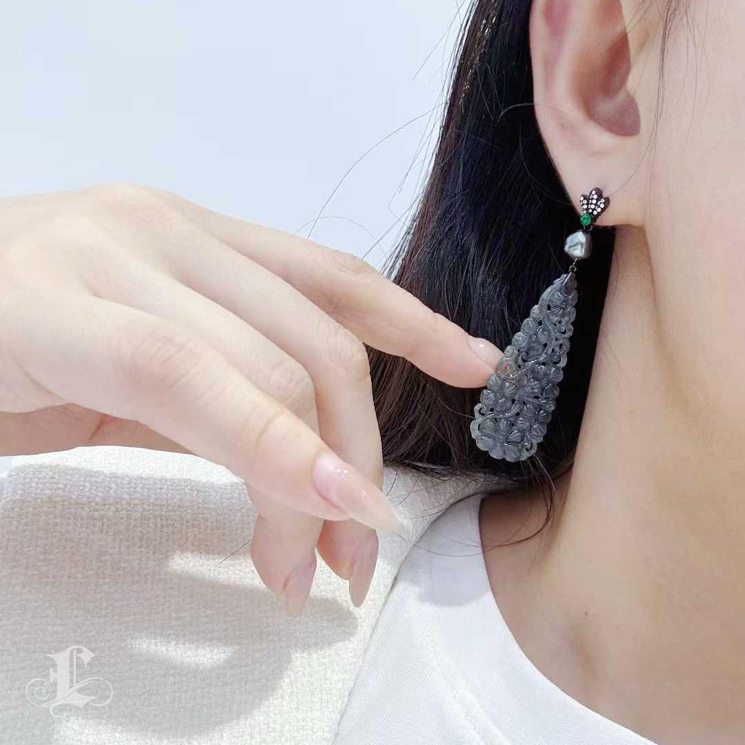 Uncut 【Jādora】Ink-Brush Floral Jadeite & Tahitian Keshi Pearl Earrings For Sale