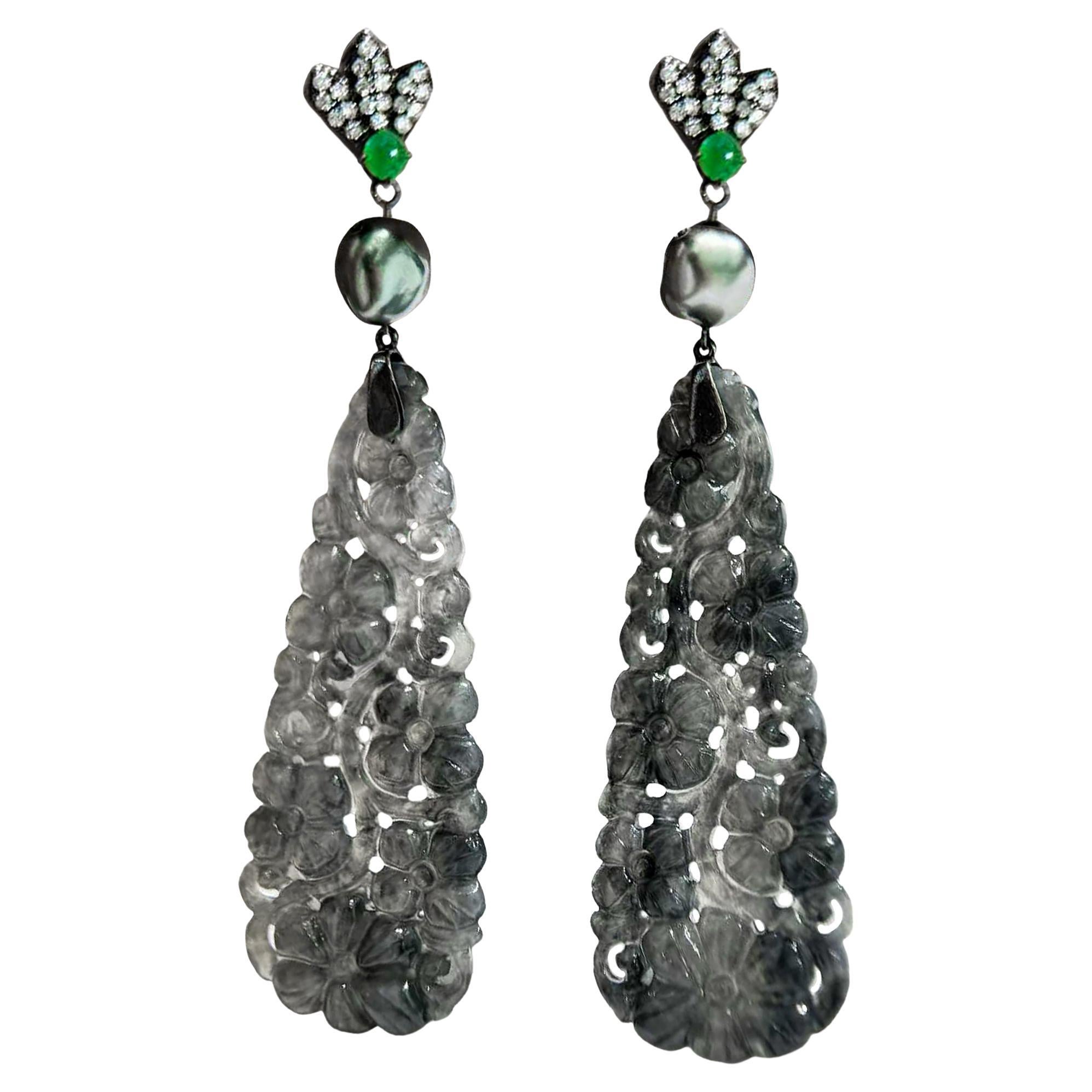 【Jādora】Boucles d
oreilles en jadéite et perles Keshi de Tahiti
