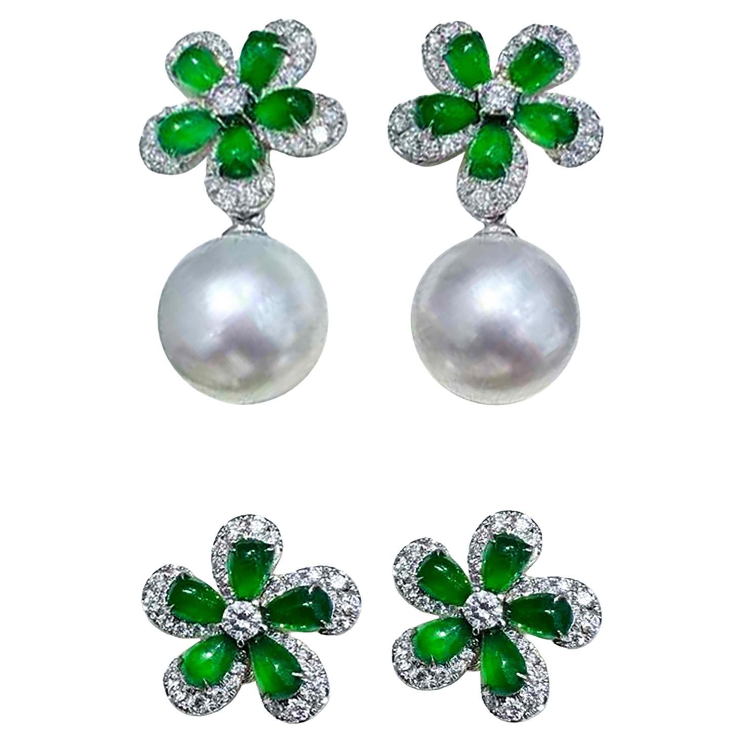 Orecchini di perle e diamanti convertibili con fiore di giada