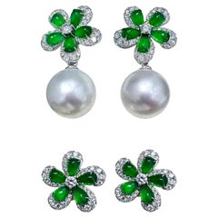Orecchini di perle e diamanti convertibili con fiore di giada