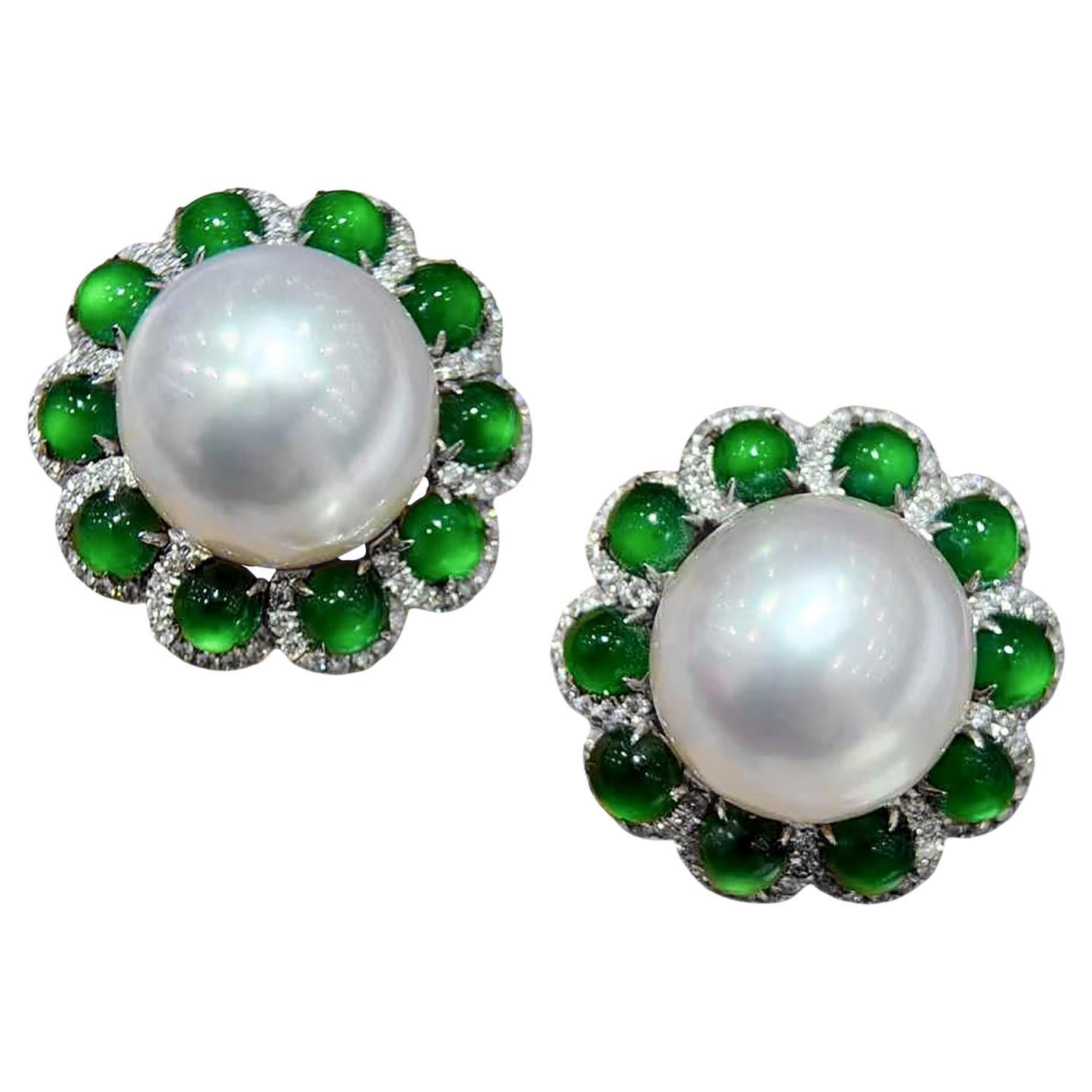 【Jādora】Jadeite Halo South Sea Pearl Earrings For Sale