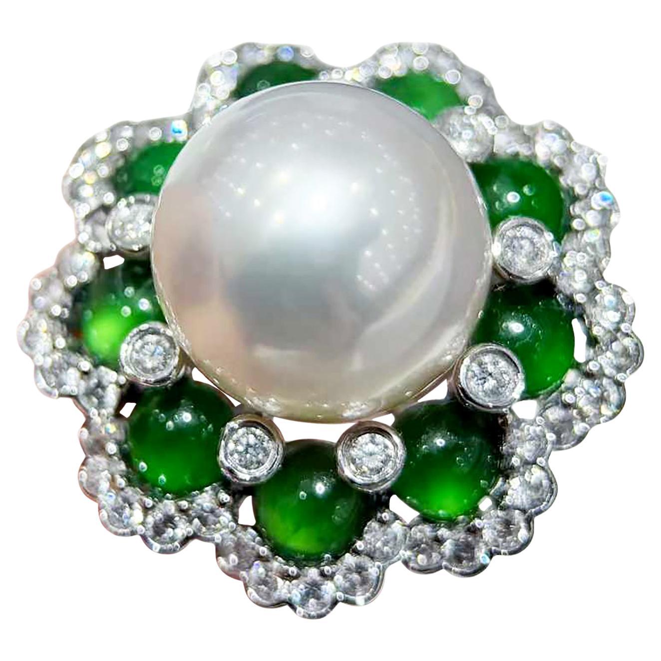 【Jādora】Jadeite Halo South Sea Pearl Ring For Sale