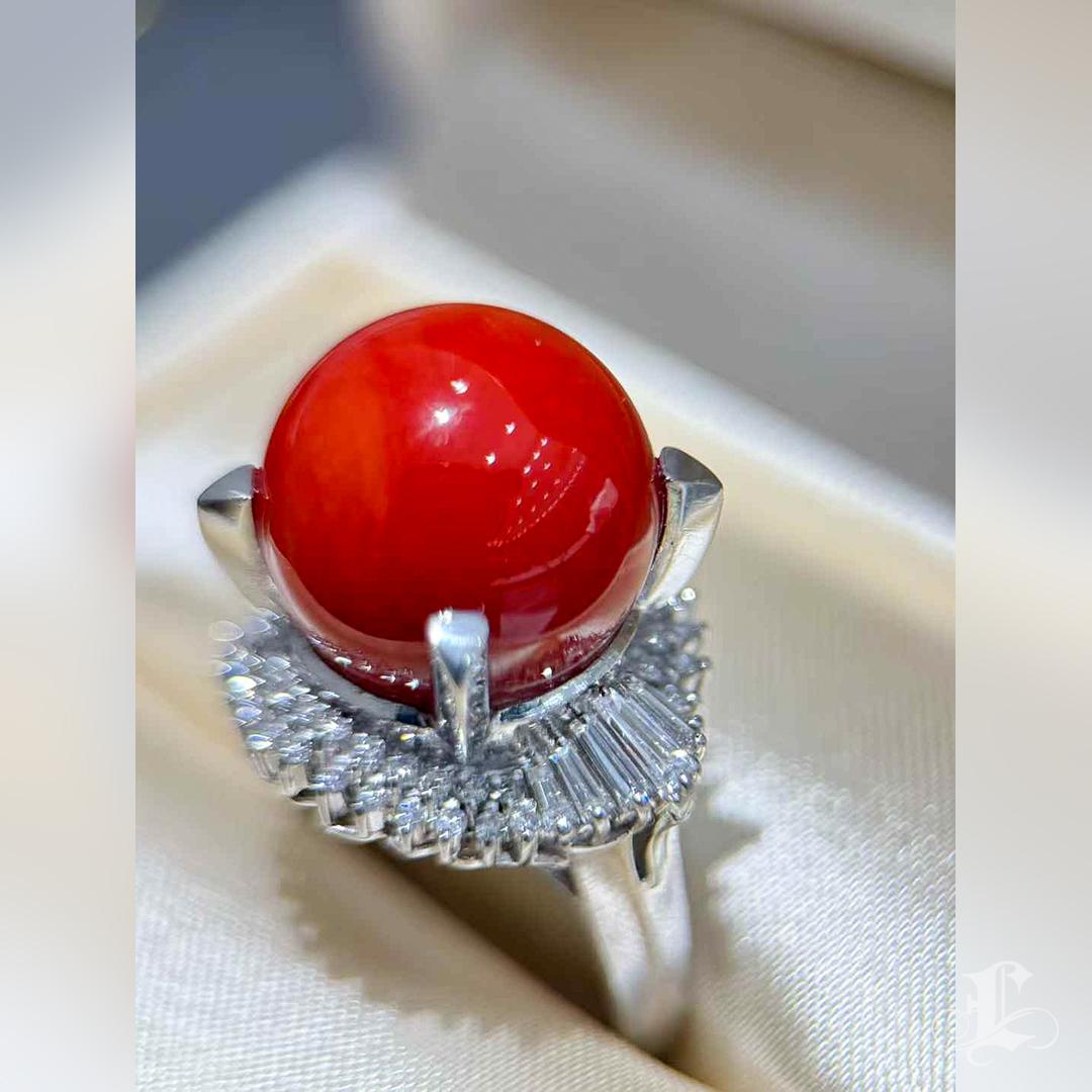 【Jādora】Sólo un anillo imperial de corona de coral rojo en platino en venta 3