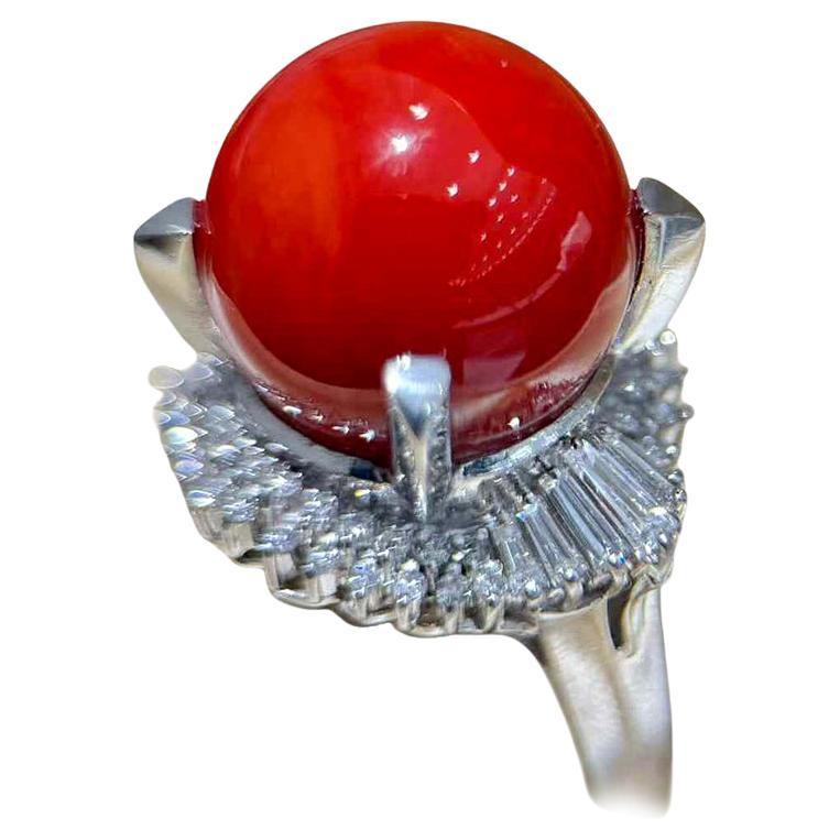 【Jādora】Sólo un anillo imperial de corona de coral rojo en platino en venta