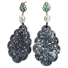 【Jādora】Raven Jadeite & Tahitian Keshi Pearl Earrings in Black Gold