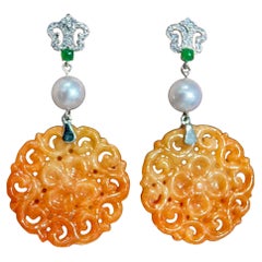 【Jādora】Roter Jadeit, Smaragd, Aurora Akoya Perle & Diamant Ohrringe
