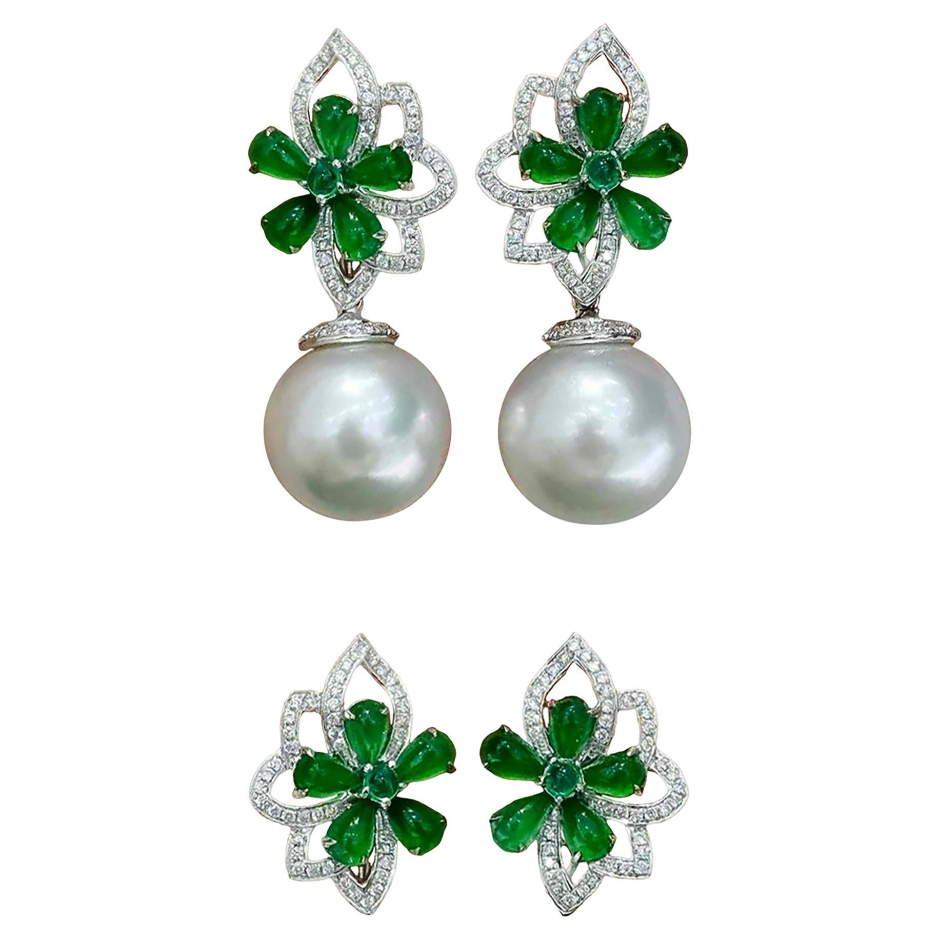 【Jādora】Shadow Blossom Convertible Jade & South Sea Pearl Earrings