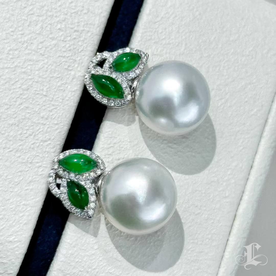 【Jādora】Doppelblatt Jade & Diamant Südsee Perlen Ohrringe im Zustand „Neu“ im Angebot in New York, NY
