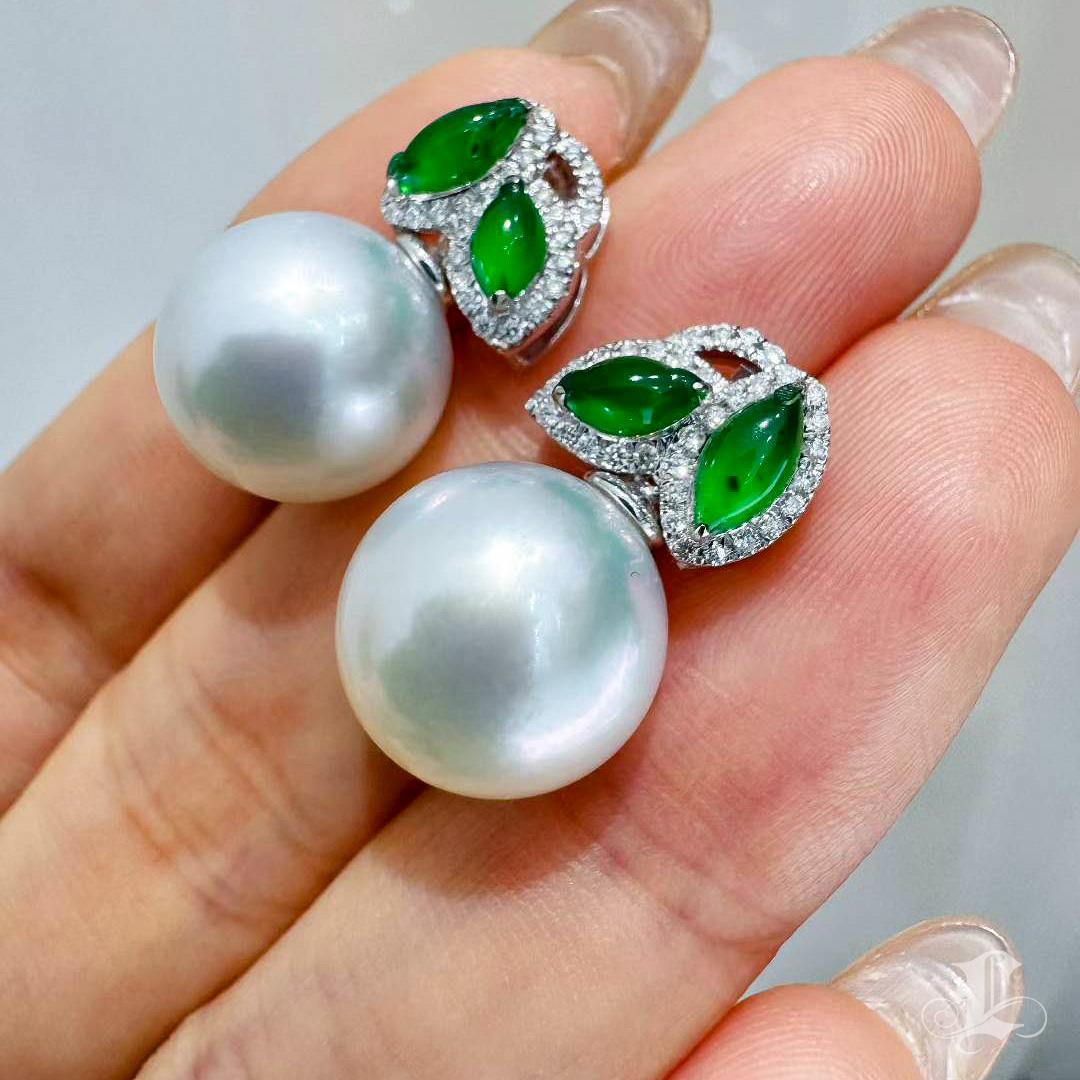 【Jādora】Doppelblatt Jade & Diamant Südsee Perlen Ohrringe Damen im Angebot
