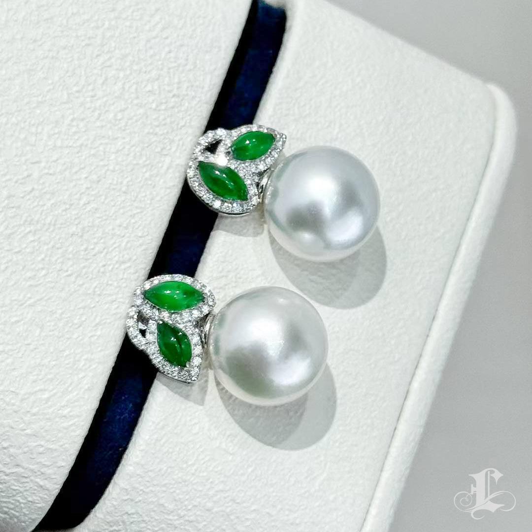 【Jādora】Doppelblatt Jade & Diamant Südsee Perlen Ohrringe im Angebot 1