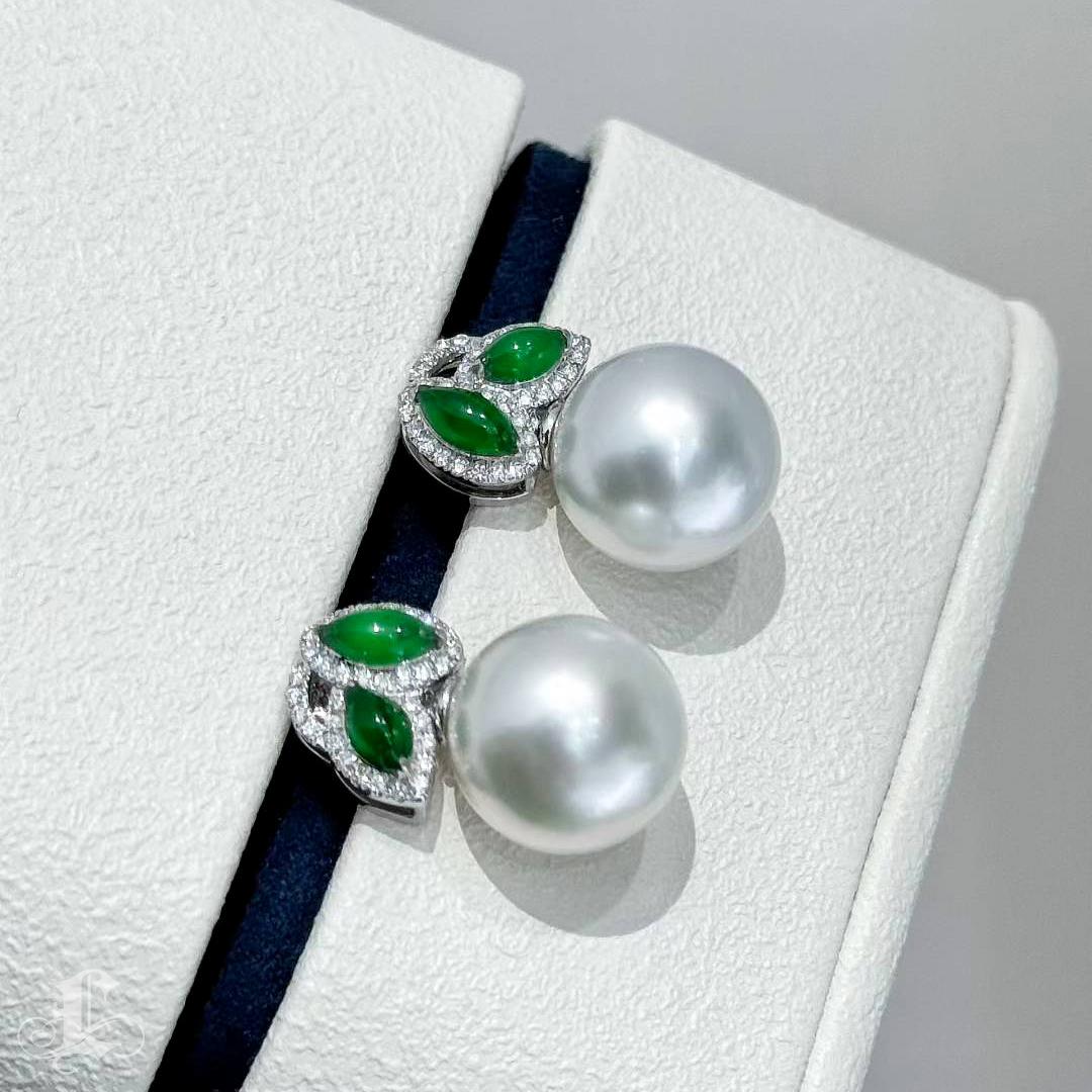 【Jādora】Doppelblatt Jade & Diamant Südsee Perlen Ohrringe im Angebot 2