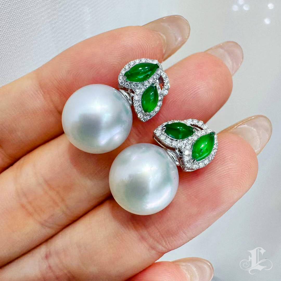 【Jādora】Doppelblatt Jade & Diamant Südsee Perlen Ohrringe im Angebot 3