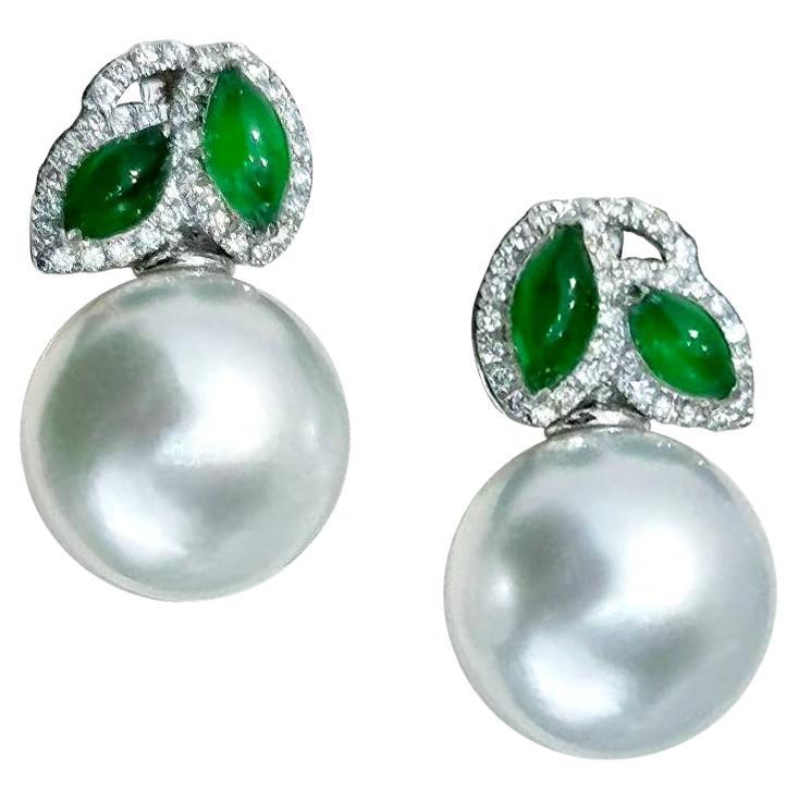 【Jādora】Doppelblatt Jade & Diamant Südsee Perlen Ohrringe
