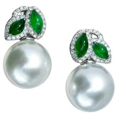 【Jādora】Doppelblatt Jade & Diamant Südsee Perlen Ohrringe