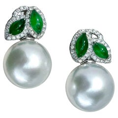【Jādora】Doppelblatt Jade & Diamant Südsee Perlen Ohrringe