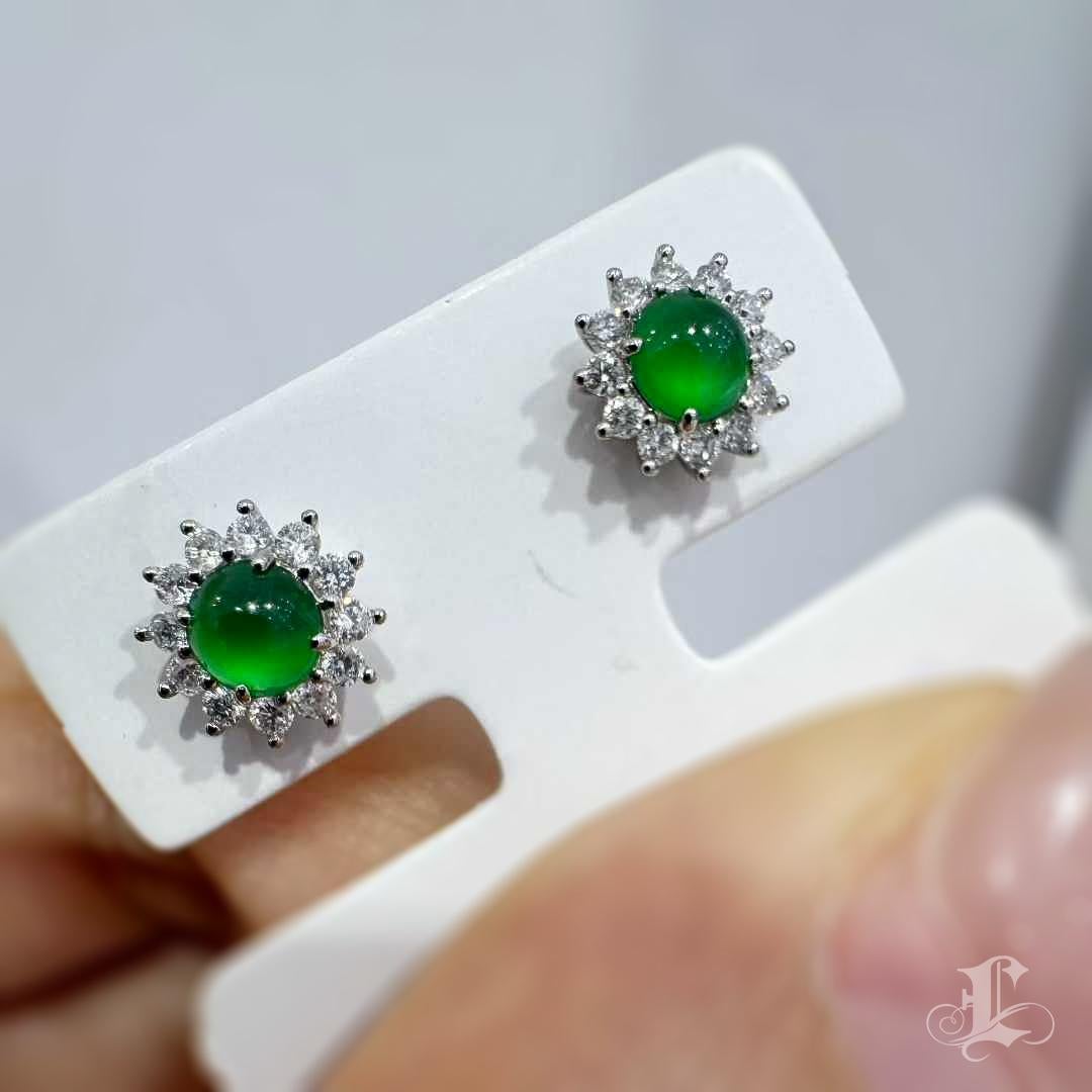 【Jādora】Pendientes de Jadeíta Tipo A y Halo de Diamantes de 0,4 ct en Platino en venta 2