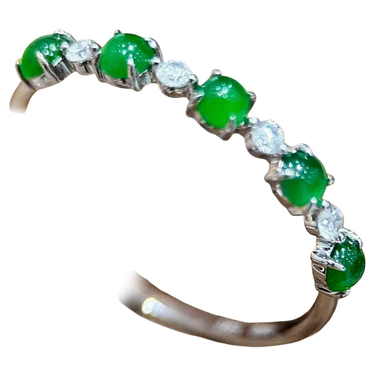 【Jādora】Type A Jadeite Cabochon and Diamond Band Ring For Sale