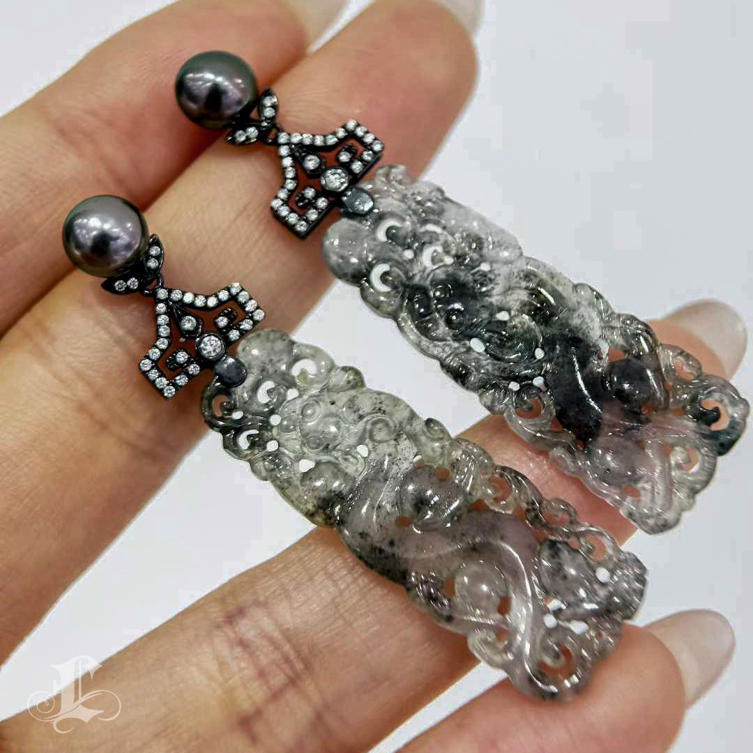 【Jādora】Type A Jadeite Inkstone Earrings with Tahitian Keshi Pearl & Diamond Acc In New Condition For Sale In New York, NY