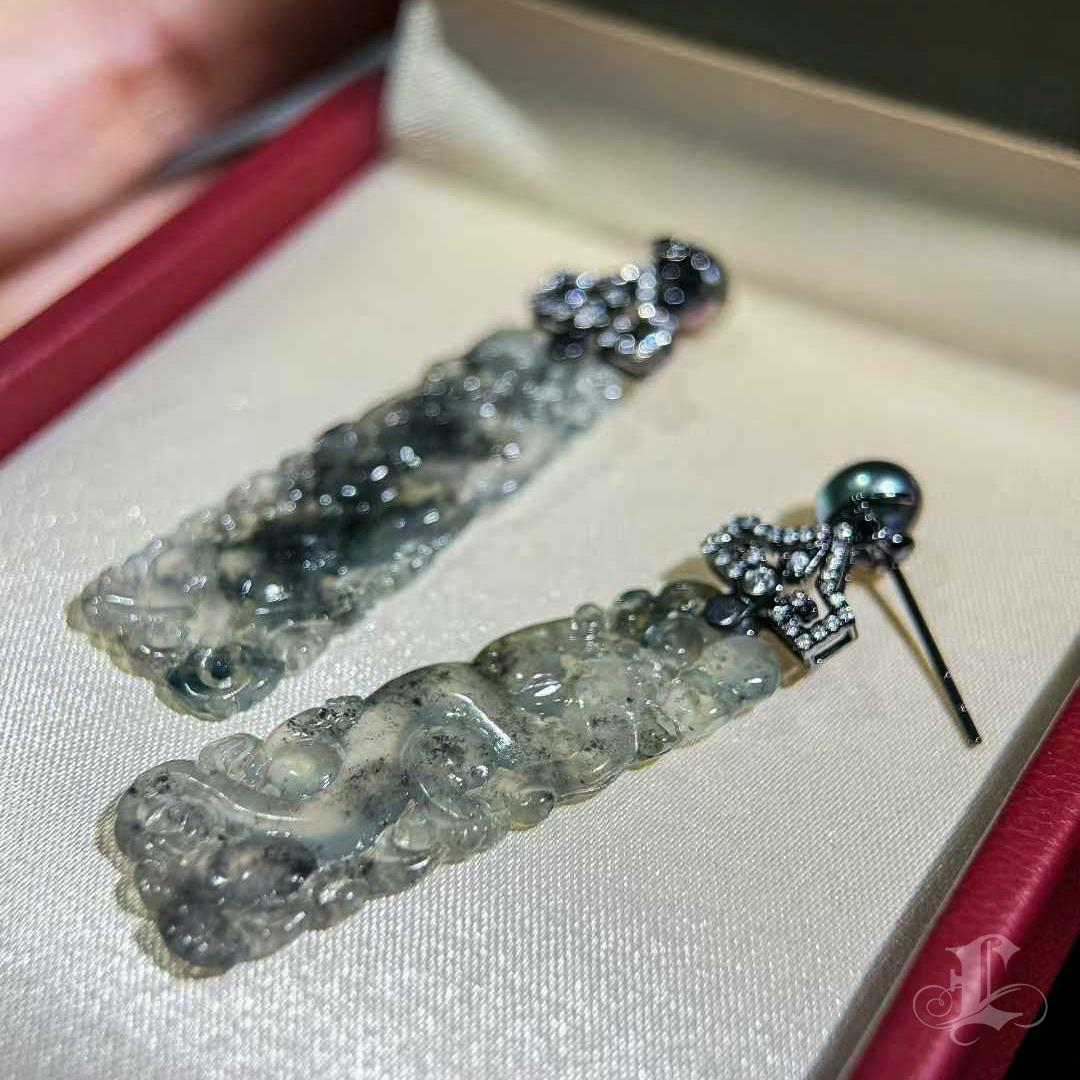 【Jādora】Type A Jadeite Inkstone Earrings with Tahitian Keshi Pearl & Diamond Acc For Sale 4