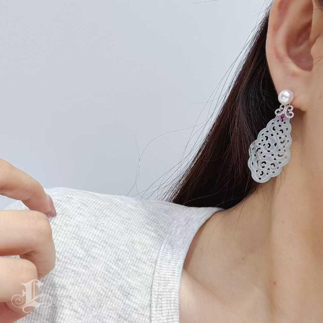 【Jādora】Pendientes de gota de diamante rubí perla jadeíta tipo A Corte redondo en venta