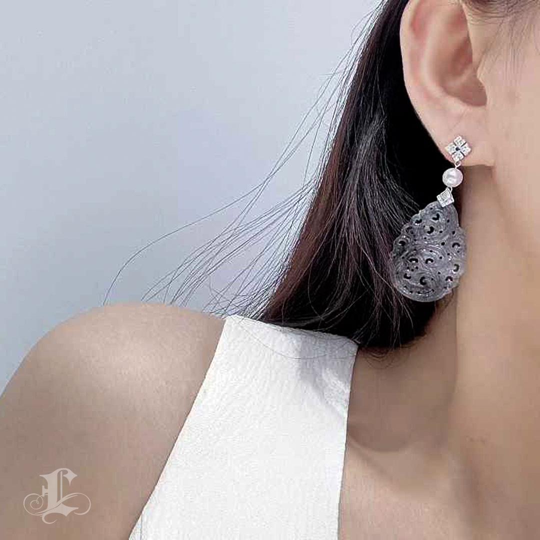 Round Cut 【Jādora】Type A Jadeite “Ink Wash” Carving Platinum Diamond Akoya Pearl Earrings For Sale