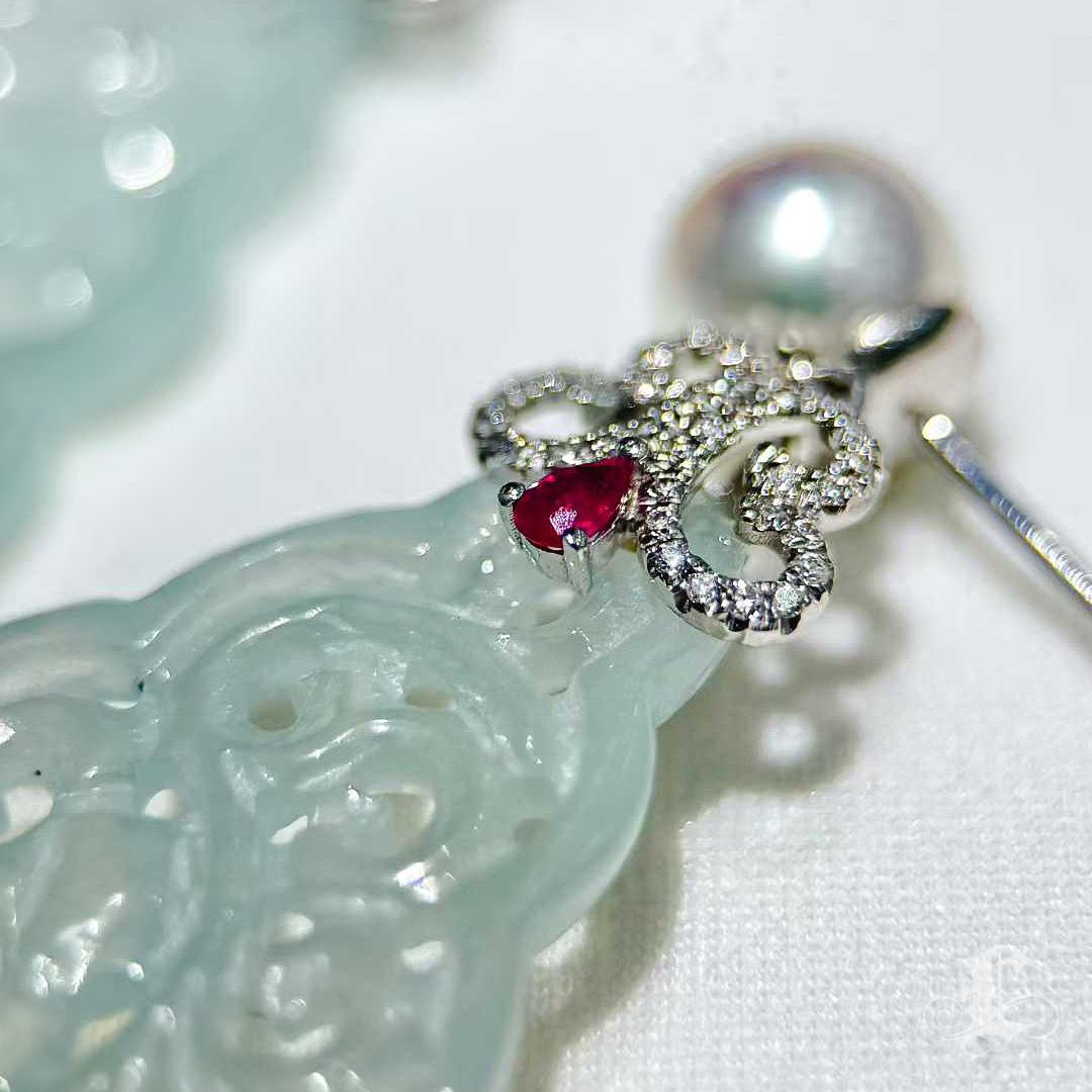 De las mujeres 【Jādora】Pendientes de gota de diamante rubí perla jadeíta tipo A en venta
