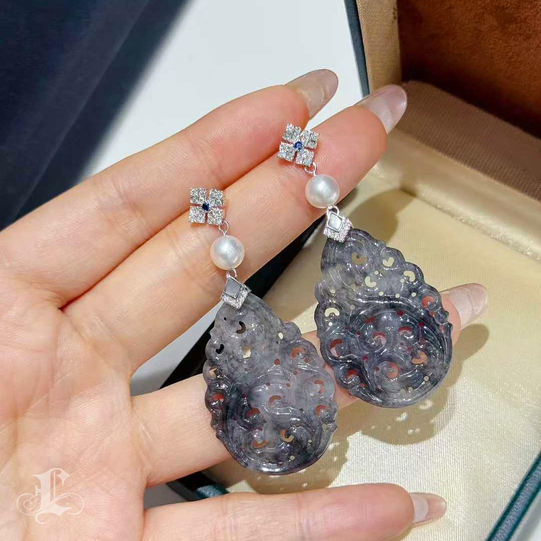 Women's 【Jādora】Type A Jadeite “Ink Wash” Carving Platinum Diamond Akoya Pearl Earrings For Sale