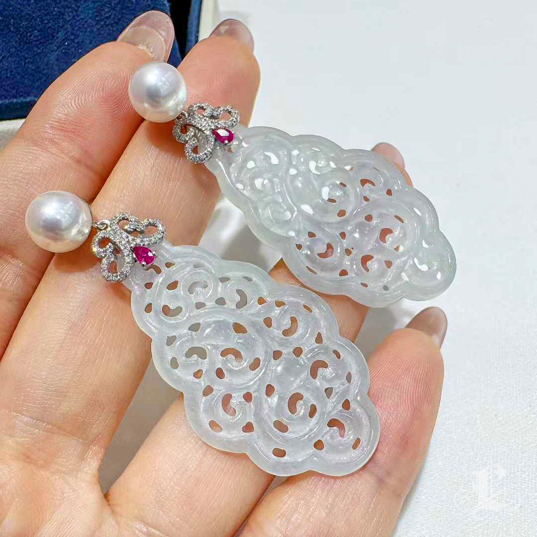 【Jādora】Pendientes de gota de diamante rubí perla jadeíta tipo A en venta 1