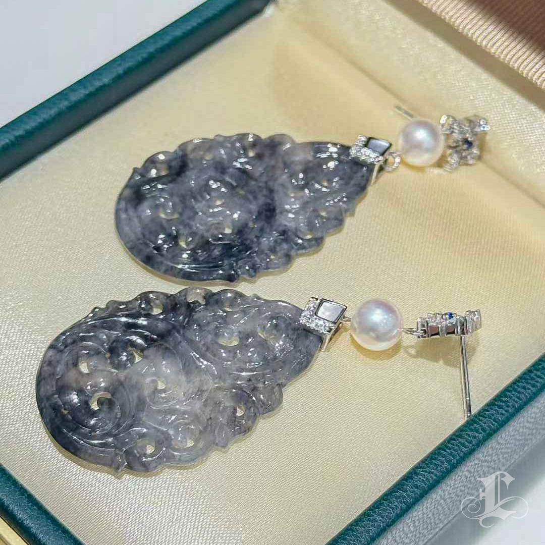 【Jādora】Type A Jadeite “Ink Wash” Carving Platinum Diamond Akoya Pearl Earrings For Sale 1
