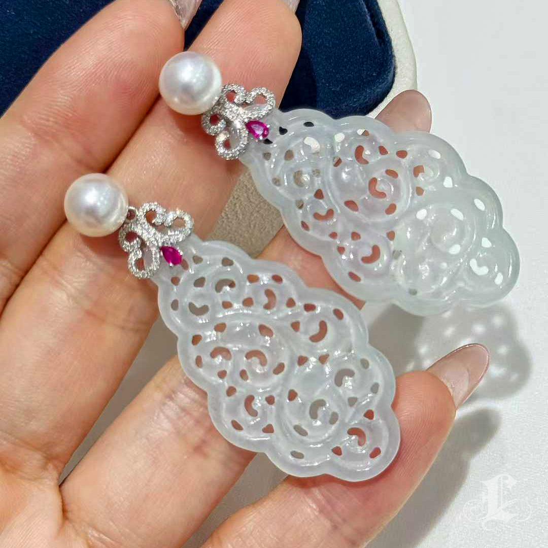 【Jādora】Pendientes de gota de diamante rubí perla jadeíta tipo A en venta 2