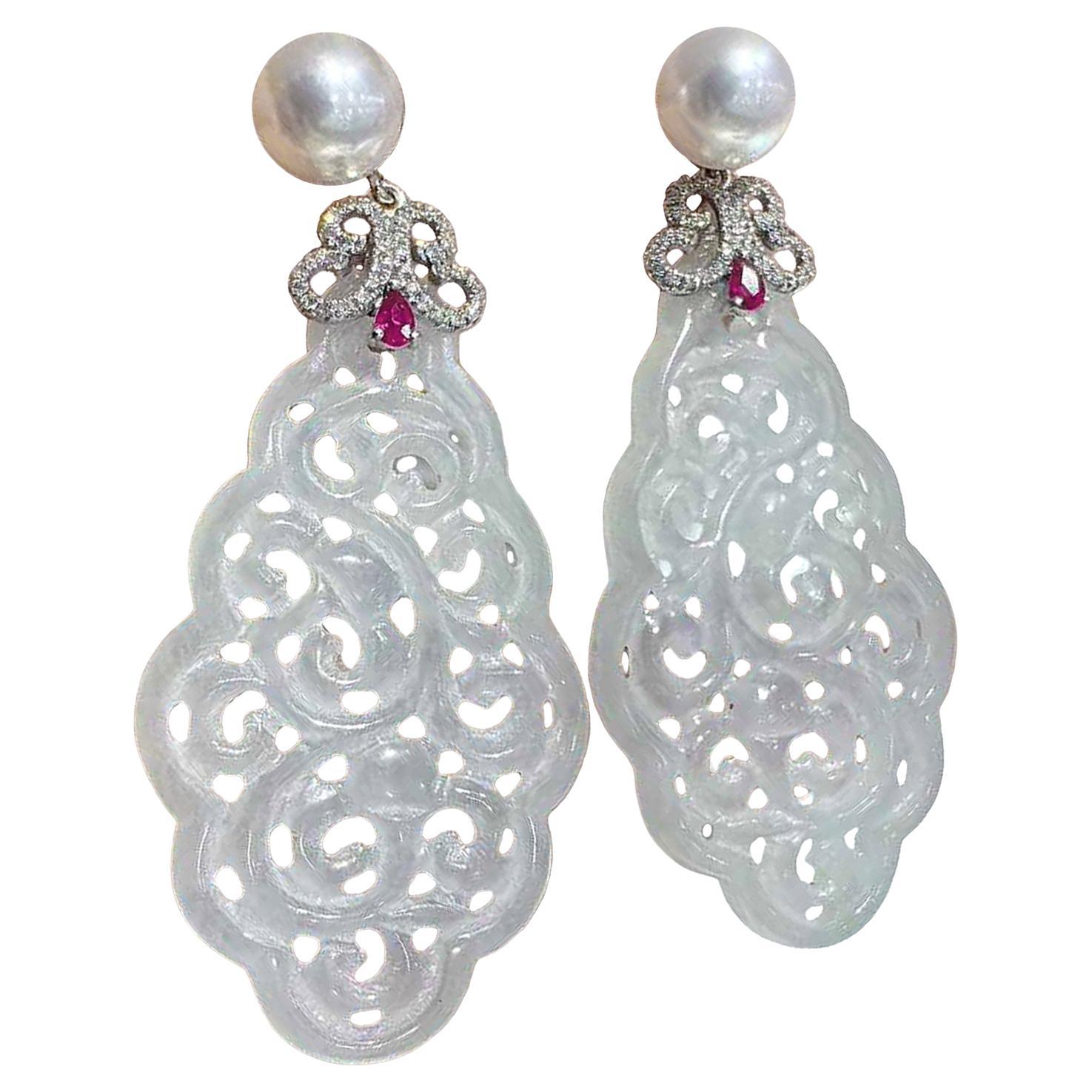 【Jādora】Pendientes de gota de diamante rubí perla jadeíta tipo A en venta