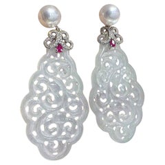 【Jādora】Type A Jadeite Pearl Ruby Diamond Drop Earrings