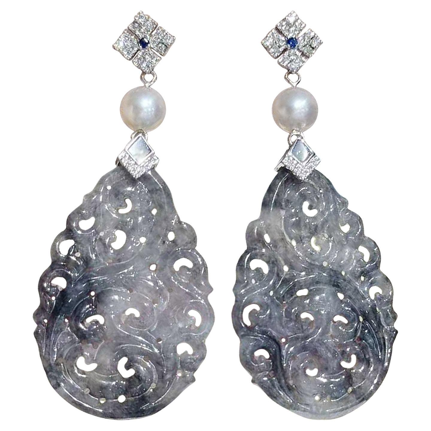 【Jādora】Type A Jadeite “Ink Wash” Carving Platinum Diamond Akoya Pearl Earrings For Sale