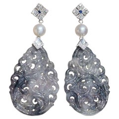 【Jādora】Type A Jadeite “Ink Wash” Carving Platinum Diamond Akoya Pearl Earrings