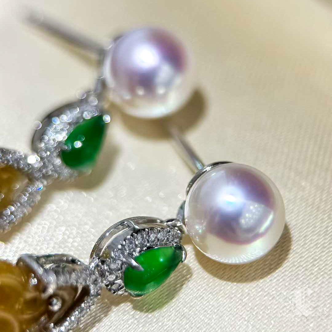 Women's 【Jādora】Type A Yellow & Green Jadeite Platinum Diamond Akoya Pearl Earrings For Sale