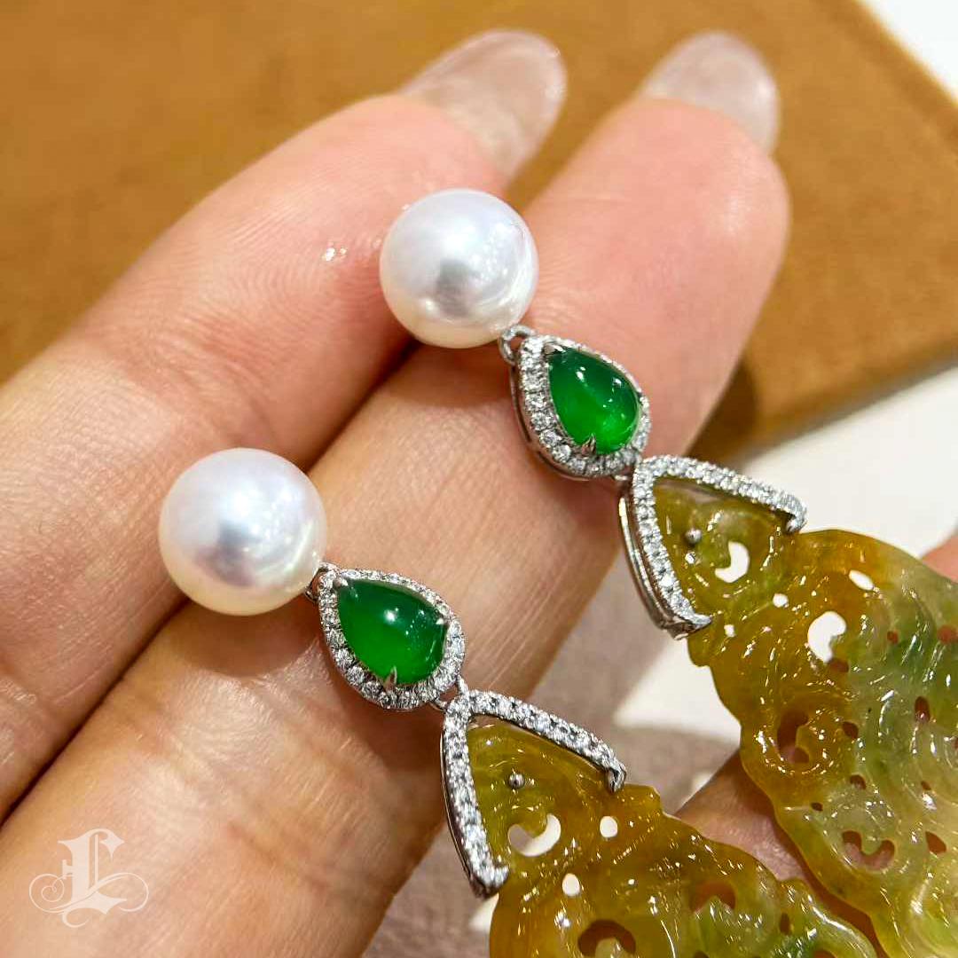 【Jādora】Type A Yellow Jade, Akoya Pearl & Diamond Earrings in Platinum For Sale 2